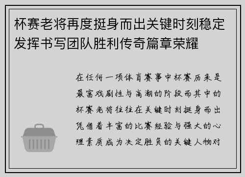 杯赛老将再度挺身而出关键时刻稳定发挥书写团队胜利传奇篇章荣耀